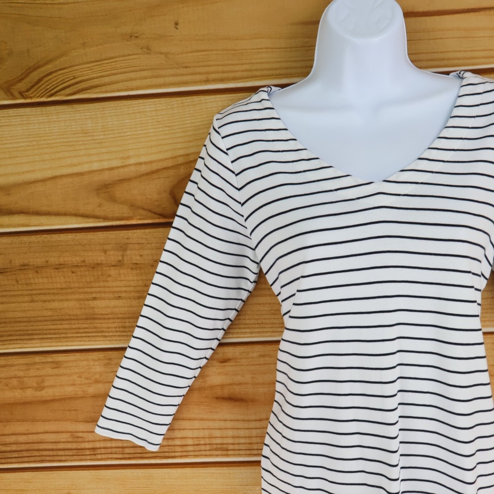 J. Jill 3/4 Sleeve V-Neck Shirt Womens S White Black Striped 100% Cotton Stretch - Picture 5 of 6
